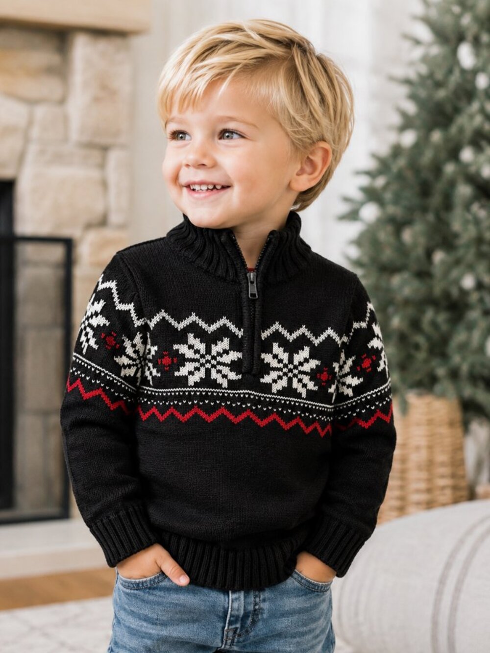 NWT Gymboree Toddler Boys Nordic Sweater 3T Black Red White Snowflake Winter